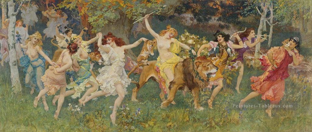 dancing fairies on lion in forest girls woman beauty Frederick Arthur Bridgman Peintures à l'huile